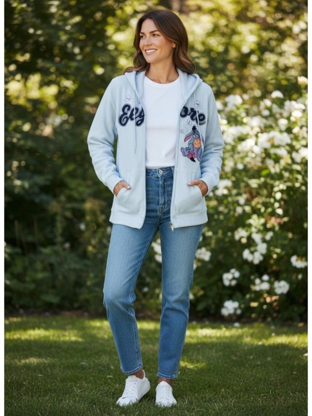 Disney Womens Eeyore Light Blue Full-Zip Hoodie Sweatshirt  L Embroidered Design